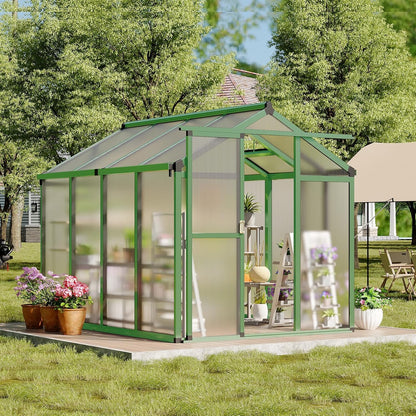 Greenhouse, 6X8 FT Greenhouse for Outdoors, Walk-In Green House with Ground Nails and Vent Windows, Sliding Lockable Door, Polycarbonate Greenhouses for outside Garden Backyard, Quick Setup, Green