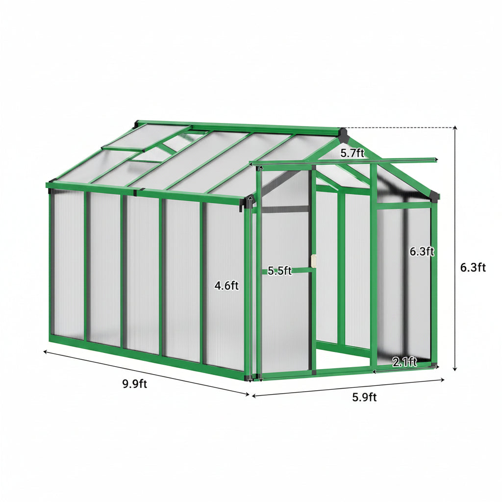 6X10 FT Greenhouse for Outdoors, Polycarbonate Greenhouse with Roof Vent, Ground Nails, Lockable Push Door, Aluminum Large Walk-In Green House for outside Garden Backyard, Patio, Lawn, Green