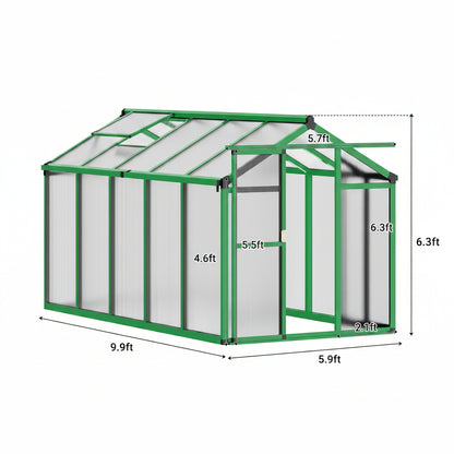6X10 FT Greenhouse for Outdoors, Polycarbonate Greenhouse with Roof Vent, Ground Nails, Lockable Push Door, Aluminum Large Walk-In Green House for outside Garden Backyard, Patio, Lawn, Green
