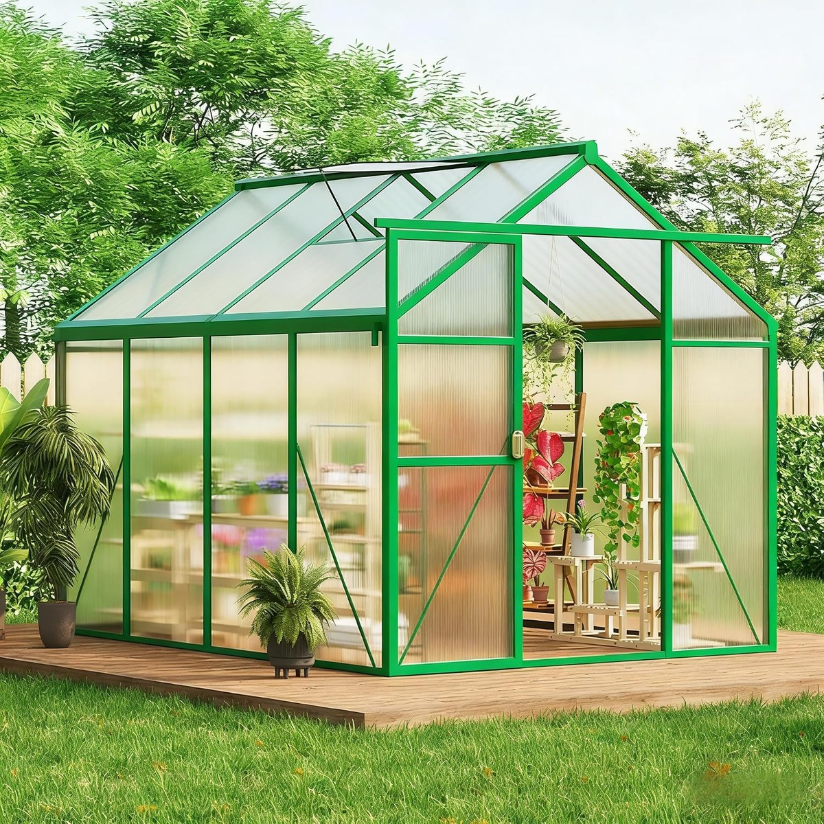 Greenhouse, 6X8 FT Greenhouse for Outdoors, Walk-In Green House with Ground Nails and Vent Windows, Sliding Lockable Door, Polycarbonate Greenhouses for outside Garden Backyard, Quick Setup, Green