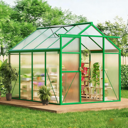 Greenhouse, 6X8 FT Greenhouse for Outdoors, Walk-In Green House with Ground Nails and Vent Windows, Sliding Lockable Door, Polycarbonate Greenhouses for outside Garden Backyard, Quick Setup, Green