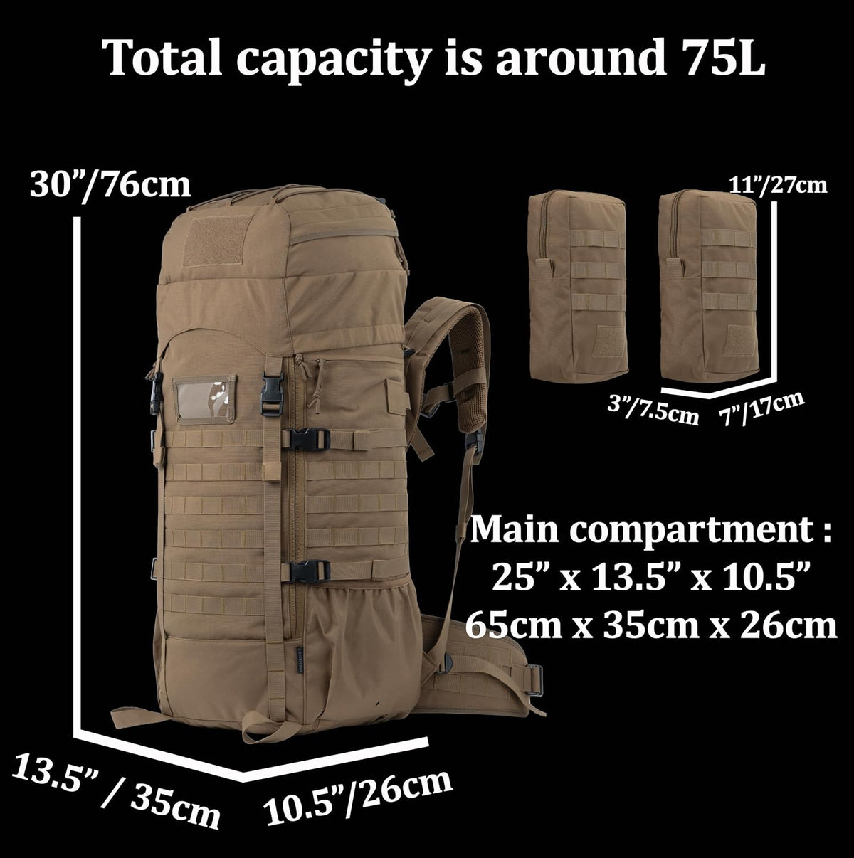 75L Tactical Backpack with Internal Frame, MOLLE, and Hydration System