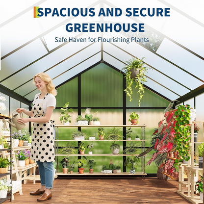 6X10 FT Greenhouse for Outdoors, Polycarbonate Greenhouse with Roof Vent, Ground Nails, Lockable Push Door, Aluminum Large Walk-In Green House for outside Garden Backyard, Patio, Lawn, Black