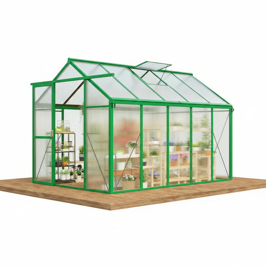 6X10 FT Greenhouse for Outdoors, Polycarbonate Greenhouse with Roof Vent, Ground Nails, Lockable Push Door, Aluminum Large Walk-In Green House for outside Garden Backyard, Patio, Lawn, Green