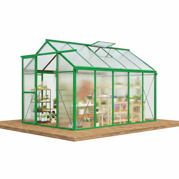 6X10 FT Greenhouse for Outdoors, Polycarbonate Greenhouse with Roof Vent, Ground Nails, Lockable Push Door, Aluminum Large Walk-In Green House for outside Garden Backyard, Patio, Lawn, Green