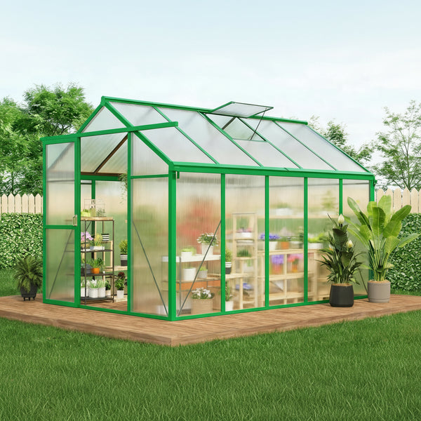 6X10 FT Greenhouse for Outdoors, Polycarbonate Greenhouse with Roof Vent, Ground Nails, Lockable Push Door, Aluminum Large Walk-In Green House for outside Garden Backyard, Patio, Lawn, Green