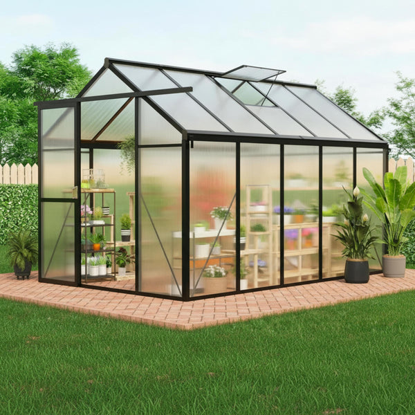 6X10 FT Greenhouse for Outdoors, Polycarbonate Greenhouse with Roof Vent, Ground Nails, Lockable Push Door, Aluminum Large Walk-In Green House for outside Garden Backyard, Patio, Lawn, Black