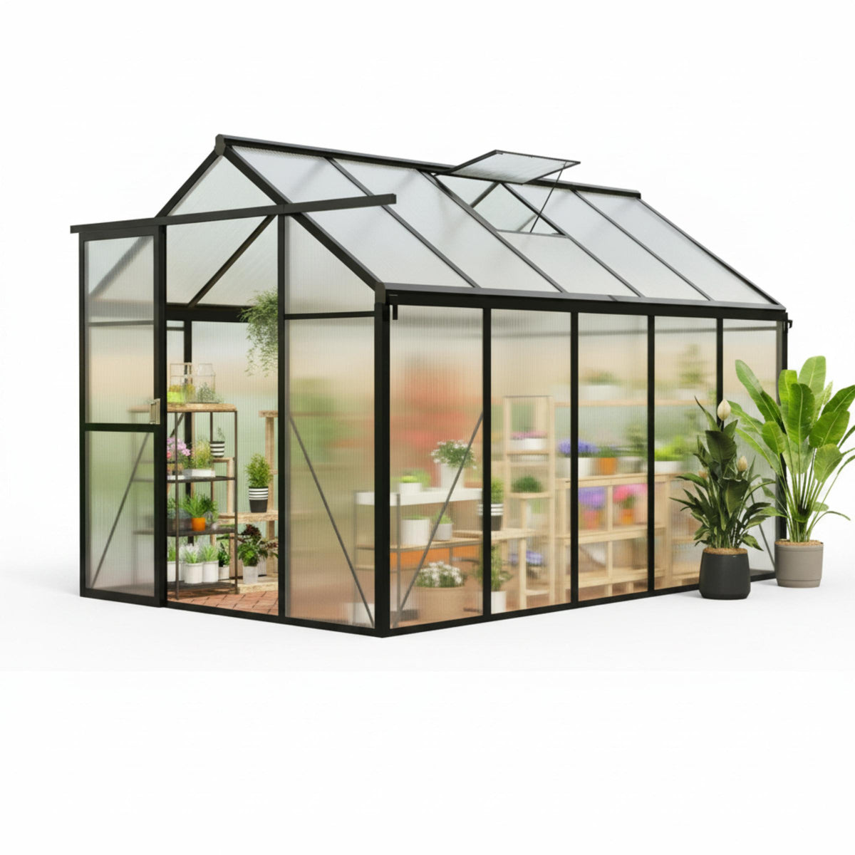 6X10 FT Greenhouse for Outdoors, Polycarbonate Greenhouse with Roof Vent, Ground Nails, Lockable Push Door, Aluminum Large Walk-In Green House for outside Garden Backyard, Patio, Lawn, Black